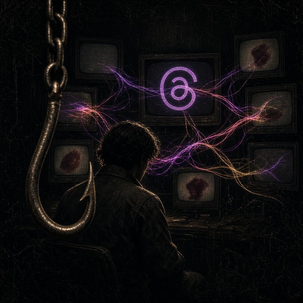 The operator at a wall of monitors, a hook hanging from a chain, threads of light between the screens